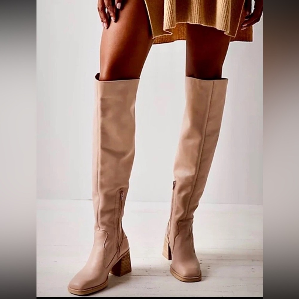Free People Brianna Over The Knee Tan Rose Blush Leather Pull On Zip Boots 39.5
